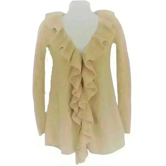 Precious Fibers cardigan 100% cashmere XS v-neck open front ruffled long beige - Picture 1 of 5